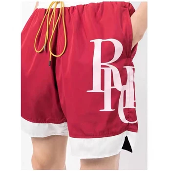 Повседневные шорты High Street Long Tether Red RHUDE для мужчин и женщин 1: 1 Свободный шнурок Внутри Бриджей с логотипом Colorblock из сетки