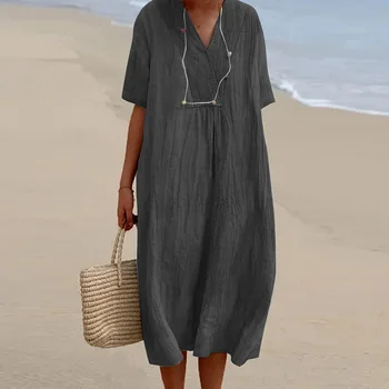 Простое однотонное Свободное женское платье 2023, Летнее пляжное Хлопчатобумажное Льняное платье, Повседневное длинное платье в складку с V-образным вырезом и коротким рукавом, Vestidos