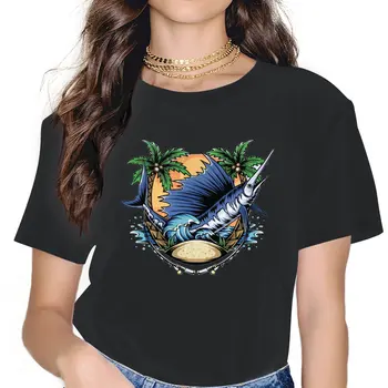 Рыба Марлин на пляже с кокосовыми пальмами Женские футболки Популярный тренд Гранж Винтажная женская одежда Графические топы