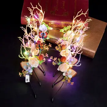 Светодиодные Рождественские огни, повязки на голову, Милые Оленьи рога, цветочные ушки, ленты для волос для девочек, повязка на голову, головные уборы в стиле бохо, Рождественское украшение navidad