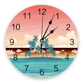Сумеречный Пляж Кокосовые Пальмы Декоративные Круглые Настенные Часы С Арабскими Цифрами Дизайн Не Тикающие Настенные Часы Большие Для Спален Ванной Комнаты
