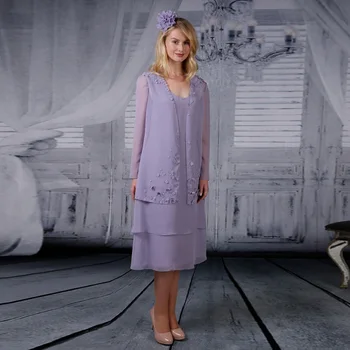 Фиолетовый шифон Для матери Платья невесты с круглым вырезом и длинными рукавами с аппликацией, Свадебные вечерние платья трапециевидной формы чайной длины