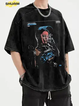 Футболки с графическим принтом Harajuku Motorcycle Girl, винтажная выстиранная футболка, хлопковая модная уличная одежда, топы унисекс