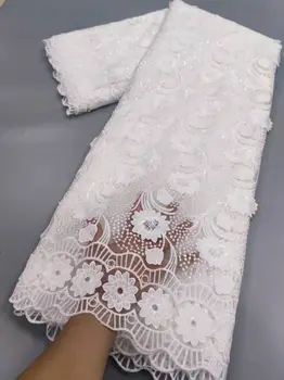 Чистая белая Горячая Распродажа Африканской Кружевной ткани Высококачественная Нигерийская Вышивка Тюлевое Кружево с блестками для свадьбы 5 ярдов