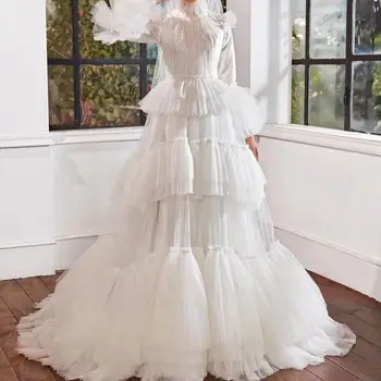 Шикарное свадебное платье трапециевидной формы С высоким воротником, необычными длинными рукавами и гофрированными краями, свадебные платья, расшитые бисером, мусульманское платье невесты на заказ SWD832