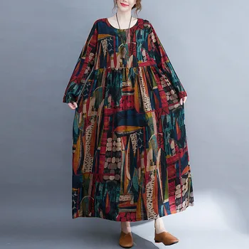 Элегантные длинные платья для женщин 2023, повседневное Свободное платье размера плюс в стиле бохо, винтажное платье Макси с длинными рукавами и принтом, vestidos de mujer