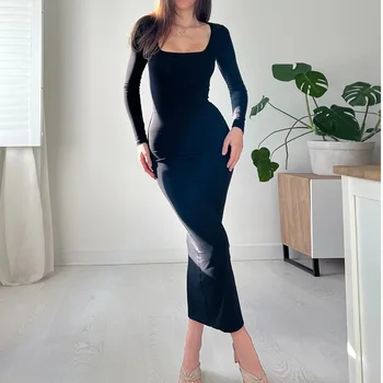 2023 Новое платье средней длины с длинным рукавом, сплошной цвет, черный, Темпераментное платье в европейском и американском стиле для поездок на работу, длинное платье