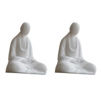 2X мини-белая керамическая статуя Будды, медитирующий монах, Статуя Будды, украшение для дома в стиле дзен