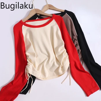 Bugilaku, футболки в стиле пэчворк контрастного цвета, женские футболки с завязками, повседневные универсальные футболки, женские топы с круглым вырезом и длинным рукавом
