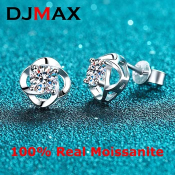 DJMAX 100% Стерлингового серебра Серьги с бриллиантами 0,6-1 карат Муассанит лабораторного производства Серьги-гвоздики с 4 зубцами Цветок Клевера Бриллиантовая серьга-гвоздик