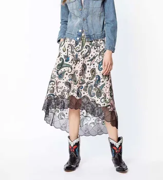 Elfbop, вискоза, 100%, винтажный стиль, кружевная юбка Миди с принтом Пейсли и кешью в стиле пэчворк, эластичная талия, стильная юбка 2019 года
