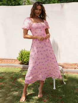 Jastie 2023 Летнее Розовое платье с пышными рукавами, повседневные праздничные платья с цветочным рисунком и квадратным вырезом, длинные платья с принтом в стиле бохо для женщин