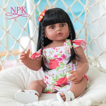 NPK 55 см кукла bebe reborn малыш девочка игрушка для ванной очень мягкий силикон для всего тела Очень Темно-коричневая кожа девочка кукла черные волосы
