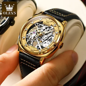 OLEVS Роскошные автоматические механические часы для мужчин со светящимися водонепроницаемыми бриллиантами в стиле стимпанк, модные наручные часы со скелетом Relojes