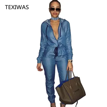 TEXIWAS, винтажный весенний джинсовый комбинезон, женский повседневный облегающий комбинезон с капюшоном, комбинезон, синий женский комбинезон на молнии с завязками