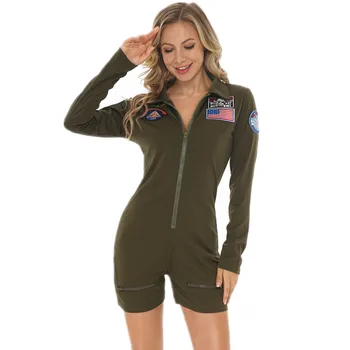 Top Gun Косплей Форма Авиатора американских ВВС Костюмы на Хэллоуин Для женщин, взрослых, Армейский зеленый Комбинезон военного пилота