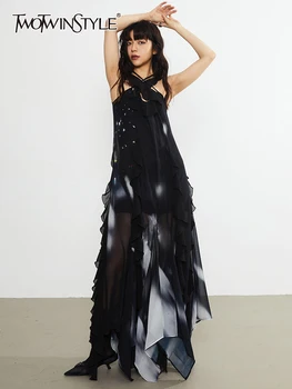 TWOTWINSTYLE Платья с сетчатым принтом в стиле пэчворк для женщин, летнее платье без рукавов с квадратным воротником и высокой талией, женская модная одежда