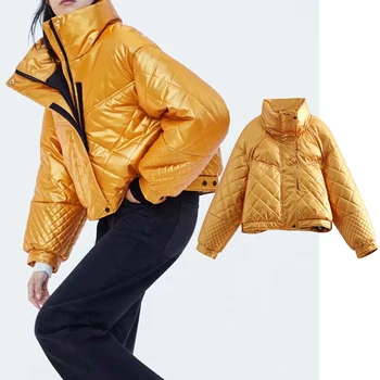 za 2020, новая зимняя утепленная куртка, женская водолазка, пушистое женское пальто в пластиковом стиле, Свободная хлопчатобумажная одежда, Женская Короткая парка