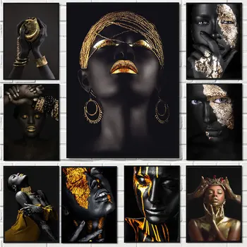 Абстрактный стиль Африканская девушка Золотой блеск Этнические плакаты Принты Холст Живопись Чернокожая женщина Роскошная Художественная картина Декор гостиной