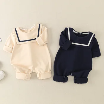 Весенний хлопковый комбинезон для новорожденных девочек и мальчиков, детская одежда с длинными рукавами в темно-синем стиле, цельнокроеное боди для младенцев от 0 до 2 лет