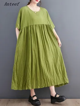 винтажные платья из хлопка и льна большого размера с коротким рукавом для женщин, повседневное свободное длинное летнее платье, элегантная одежда 2023
