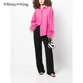 Дизайнерский стиль Уитни ВАН, весенняя мода 2023, уличная одежда, блузка с манжетами из настоящих страусиных перьев, женские джинсы, рубашка, пальто