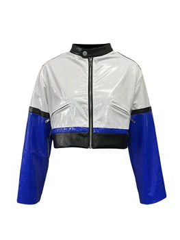 Женская укороченная куртка из искусственной кожи на молнии с длинным рукавом контрастного цвета, тонкое короткое мотоциклетное пальто, верхняя одежда