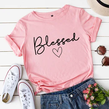 Женская футболка Blessed с милыми простыми надписями в виде сердца, футболки с графическим буквенным принтом, повседневные футболки с коротким рукавом Thankful