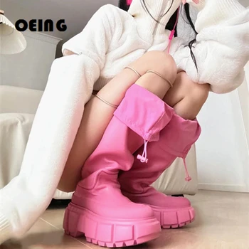 Женские розовые непромокаемые ботинки до середины икры с толстой подошвой и круглым носком на платформе, женские мотоциклетные ботинки без застежки, весенние Botas De Mujer