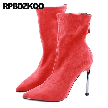 Замшевые Дизайнерские Красные фетиш-ботинки с острым носком Extreme 2021, Обувь роскошного бренда на высоком каблуке, женская обувь экзотической танцовщицы на шпильке, Эластичная лодыжка.