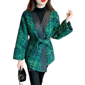Зеленое клетчатое женское шерстяное пальто 2023, Новая демисезонная куртка с поясом, Вязаная Твидовая Шерстяная верхняя одежда, Женские топы