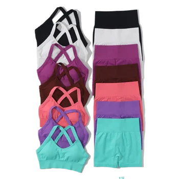 Комплект из 2 предметов, комплект одежды для йоги, женские бесшовные спортивные высококачественные укороченные женские леггинсы для подтяжки ягодиц, шорты для тренировок, комплект бюстгальтера
