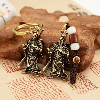 Латунные брелки для ключей GuanGong в стиле ретро, автомобильный плетеный брелок с веревкой и большим ножом, брелок для ключей китайского Святого Покровителя.