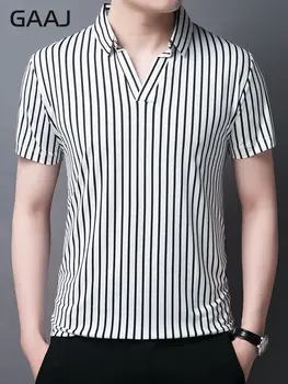 Мужская рубашка Поло Бренда GAAJ, Топы С V-образным вырезом, Повседневная Футболка, Пляжная футболка, Полосатая Социальная Рубашка-поло, Стильная одежда В Корейском стиле