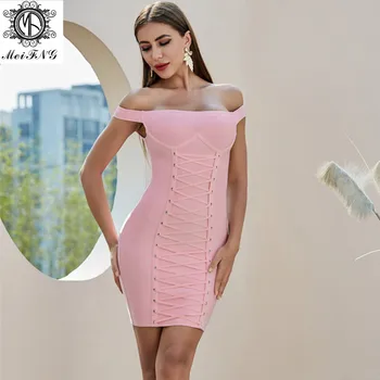 На складе Оптом Красивое платье Розового цвета с открытыми плечами для клубного банкета Элегантное Облегающее платье