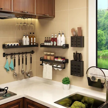 Набор кухонных полок-органайзеров, настенный держатель для приправ, алюминиевая кухонная полка для хранения без перфорации, экономит место на кухне