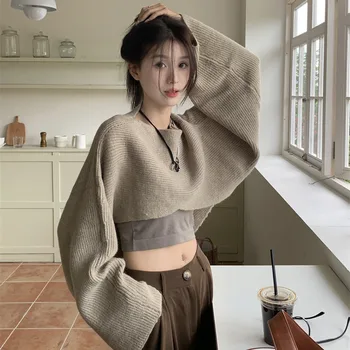 Нерегулярный укороченный вязаный свитер Женский Y2k Harajuku, Корейский модный комплект из двух предметов Оверсайз, Джемпер, Повседневный пуловер цвета Хаки