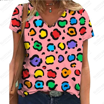 Новая женская футболка с коротким рукавом и V-образным вырезом, Темпераментный Женский топ с цветочным принтом, Свободная Футболка с коротким рукавом, Хит продаж летом