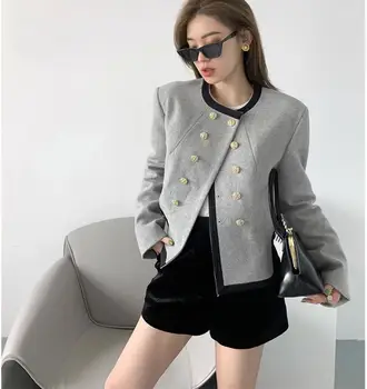 Новая модная женская осенняя двубортная шерстяная асимметричная куртка серого цвета SMLXL