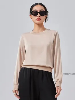 Новый дизайн, женская рубашка-пуловер из шелка тутового цвета в рубчик, простая рубашка с круглым вырезом и длинным рукавом для женщин