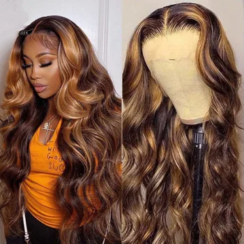 Парик Highlight из человеческих волос, омбре, парик на кружеве, бразильские парики для черных женщин, 32-дюймовый медовый блондинистый парик на кружеве с объемной волной