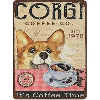 Плакат с собакой Корги Кофейная металлическая жестяная вывеска Corgi Dog Кофейные украшения для кухни Вывески новинок для домашней кухни, стены кафе-бара