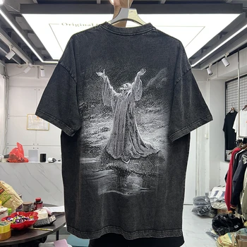 Портрет Бога Отца с принтом Streetwar Тяжелая ткань Винтажная футболка с короткими рукавами, потрепанная стиркой