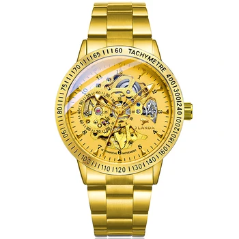Роскошные золотые часы с прозрачным скелетом, мужские механические наручные часы, 2023, Винтажные автоматические часы с гравировкой, мужские