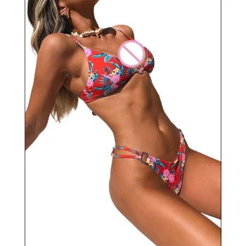 Сексуальный комплект из 3 шт., женский купальник с цветочным принтом, бикини с уплотнительным кольцом, купальный костюм с саронгом G32E