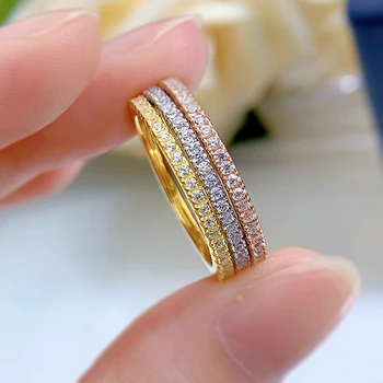 Тонкие ювелирные изделия из стерлингового серебра 925 пробы, женские кольца с блестящим цирконием, желто-белая укладка, парное кольцо с тонкими сплошными полосами из 18-каратного золота.